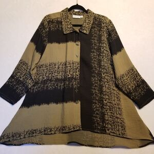 Habitat Clothes to Live In M Top Olive Green Black Button Front Lagenlook Artsy